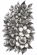 shaded arm tattoo with honeysuckle, daffodil, daisy, larkspur, and violets.  tattoo design idea