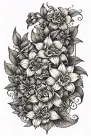 shaded arm tattoo with honeysuckle, daffodil, daisy, larkspur, and violets.  tattoo design idea