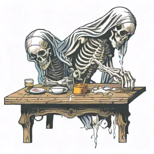 A christian nun snorting cocaine in form of a cross from a table and she will be a skeleton in the table reflection tattoo design idea