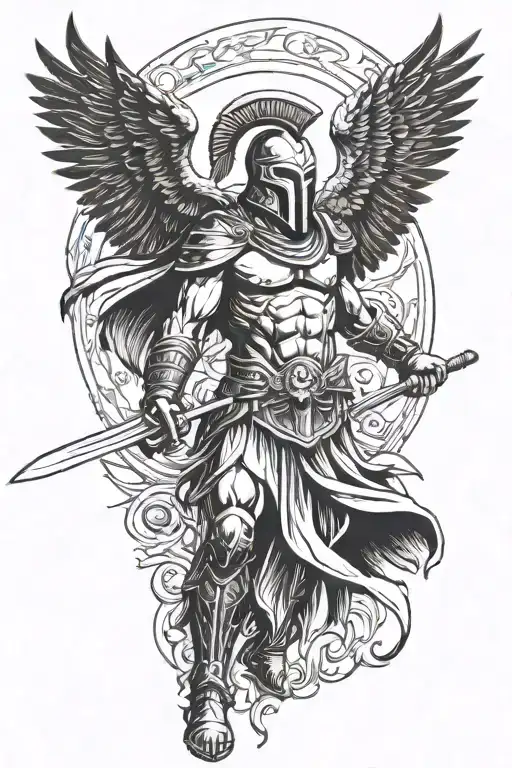 Spartan warrior holding a sword with an eagle flying above, symbolizing power and fearlessness tattoo design idea