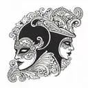 There are two faces with venice carnival masks on them, the masks and faces are looking at each other while they are get tattoo design idea