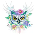A half sleeve tattoo featuring a realistic owl perched on a branch with colorful butterflies fluttering around, surrounded by vibrant flowers. Integrate subtle nods to Pikachu and Shinchan within the design. tattoo design idea