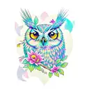 A half sleeve tattoo featuring a realistic owl perched on a branch with colorful butterflies fluttering around, surrounded by vibrant flowers. Integrate subtle nods to Pikachu and Shinchan within the design. tattoo design idea