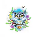 A half sleeve tattoo featuring a realistic owl perched on a branch with colorful butterflies fluttering around, surrounded by vibrant flowers. Integrate subtle nods to Pikachu and Shinchan within the design. tattoo design idea