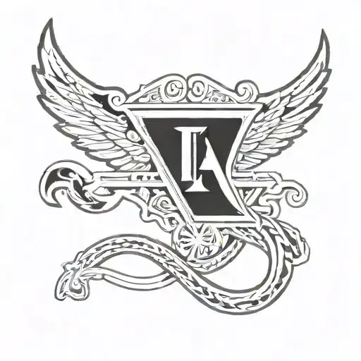 A tattoo design combining the logos of the Los Angeles Chargers and the Los Angeles Angels of Anaheim, with a subtle nod to God and faith incorporated in the background tattoo design idea
