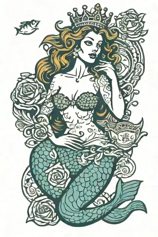 topless mermaid with crown made of money tattoo design idea