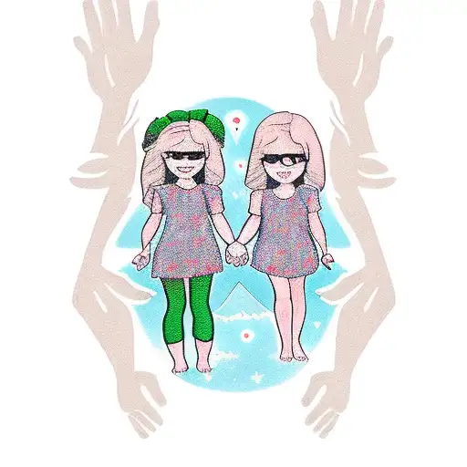 shoulder half-sleeve tattoo that involves two little girls holding hands about to take a journey to paradise tattoo design idea