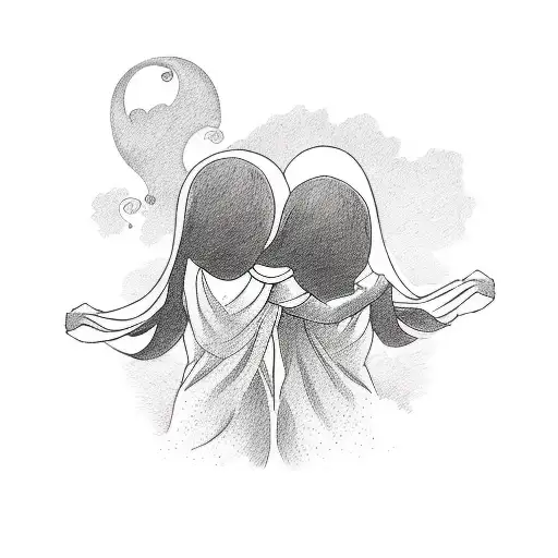 shoulder half-sleeve tattoo that involves two little girls holding hands with mom about to take a journey to paradise tattoo design idea