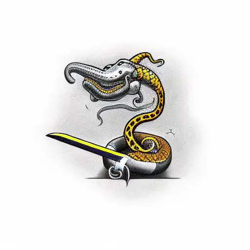 Knight with his sword through a snake's head with the text "No Compulsion" above the image tattoo design idea