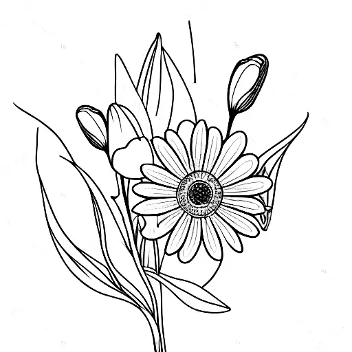 tulip, daisy, forget me not flower with a butterfly tattoo design idea