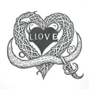deer antler and fishhook heart with word "love" going through fish hook  tattoo design idea