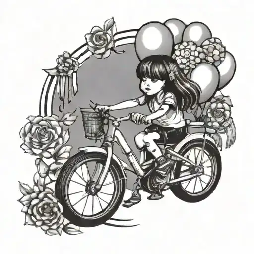 little girl riding pedal bike with tassels on handle bars with flowers and balloons tattoo design idea