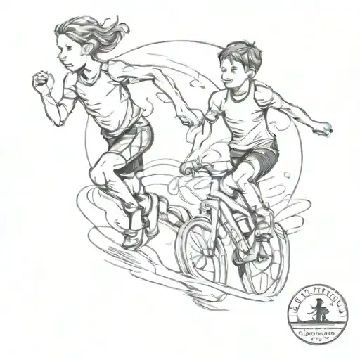 A tattoo design featuring three child silhouettes swimming, biking, and running in a triathlon together tattoo design idea
