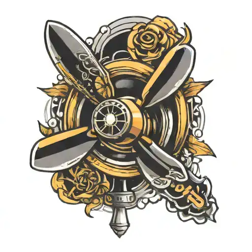 aircraft propeller with golden wings tattoo design idea