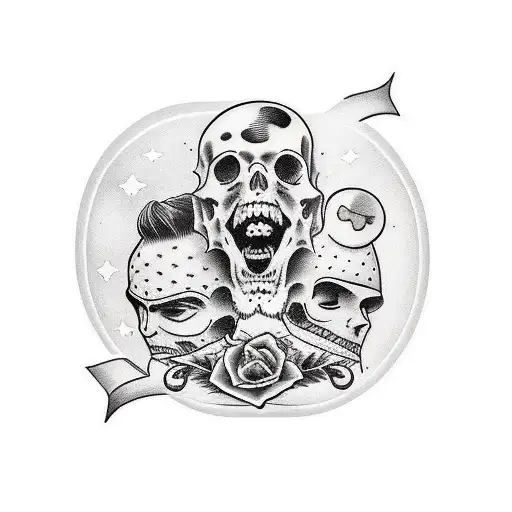 cassette blanco y negro con tres personas estirando la cinta tattoo design idea