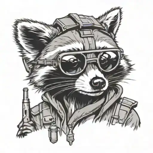 raccoon wearing headset and hi visibility jacket holding aircraft wands  tattoo design idea