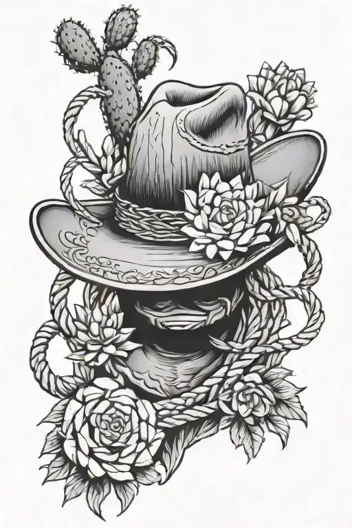 cowboy rope,  cactus, flowers  tattoo design idea