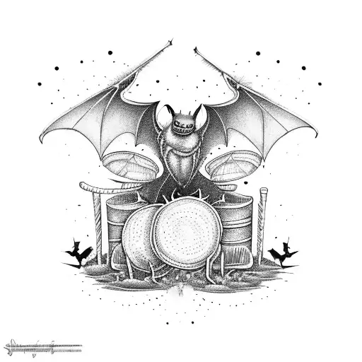 A drum set surrounded by bats in a neotribal style tattoo design idea