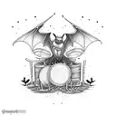 A drum set surrounded by bats in a neotribal style tattoo design idea