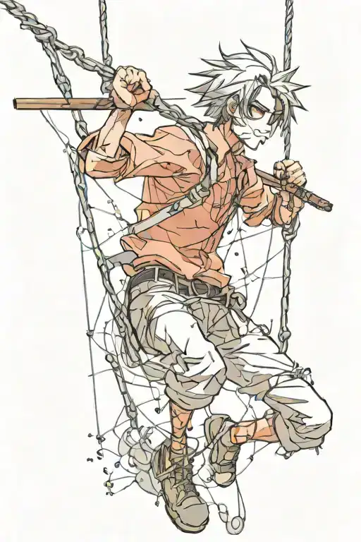 guy hanging on strings like a marionette emitting powerful aura tattoo design idea