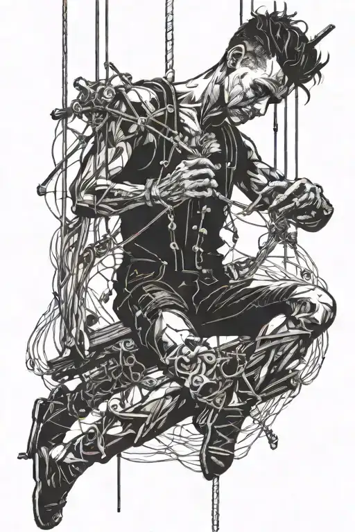 guy hanging on strings like a marionette  with the strings being cut tattoo design idea