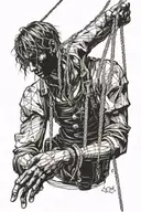 guy hanging on strings like a marionette  with the strings being cut tattoo design idea