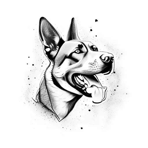 Create a tattoo of a Malinois dog wearing a Liverpool FC jersey, kicking a soccer ball with explosive energy tattoo design idea