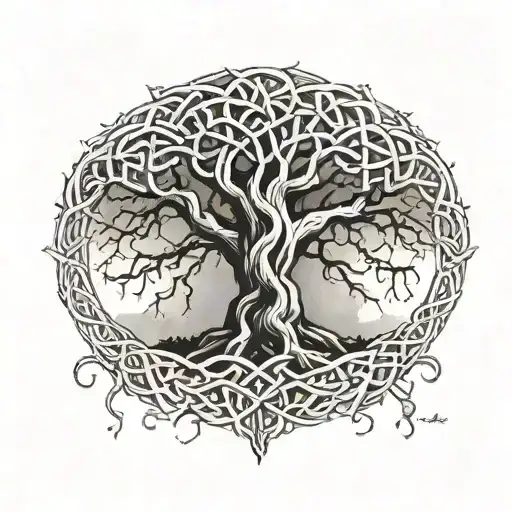 Ancient tree with Celtic knotwork intertwined in branches tattoo design idea