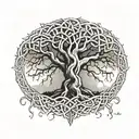 Ancient tree with Celtic knotwork intertwined in branches tattoo design idea