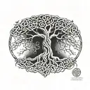 Ancient tree with Celtic knotwork intertwined in branches tattoo design idea