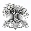 Ancient tree with Celtic knotwork intertwined in branches tattoo design idea