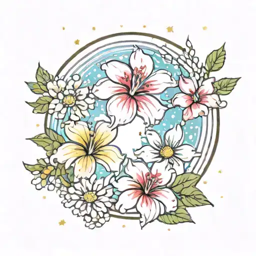 full cresent moon with hibiscus and daisy flowers minimal with sparkles dangling down hippy  tattoo design idea