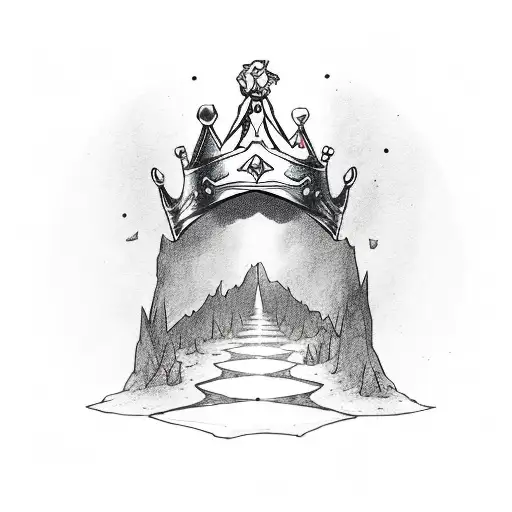 hiker wearing a broken crown, walking down a path while holding a blank peice of paper. tattoo design idea