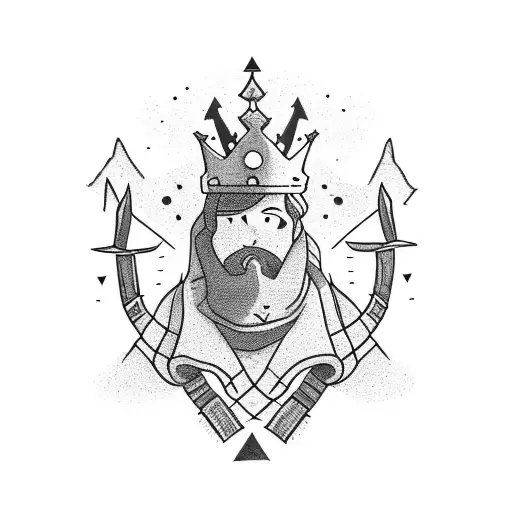 hiker wearing a broken crown, walking down a path while holding a blank peice of paper. tattoo design idea