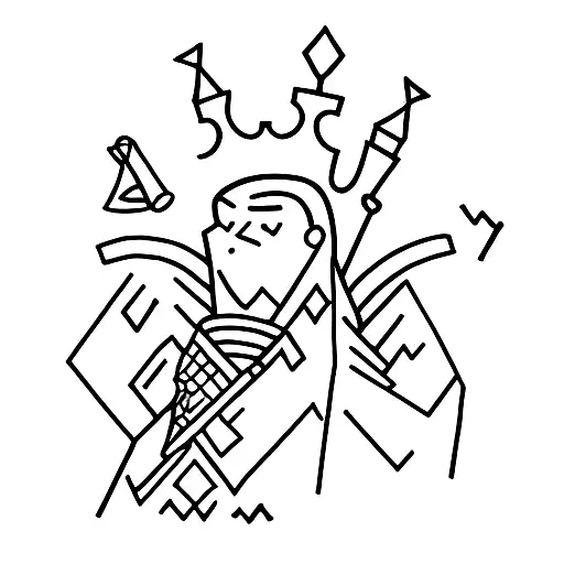 hiker wearing a broken crown, walking down a path while holding a blank peice of paper. tattoo design idea