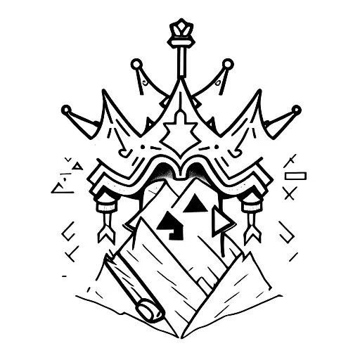 hiker wearing a broken crown, walking down a path while holding a blank peice of paper. tattoo design idea