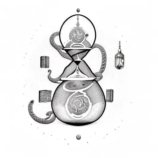 A dotwork tattoo of an hourglass filled with books and surrounded by swirling snakes tattoo design idea