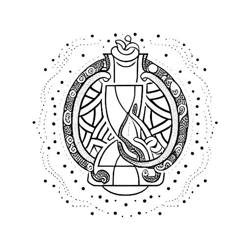 A dotwork tattoo of an hourglass filled with books and surrounded by swirling snakes tattoo design idea