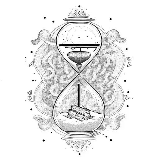 A dotwork tattoo of an hourglass filled with books and surrounded by swirling snakes tattoo design idea