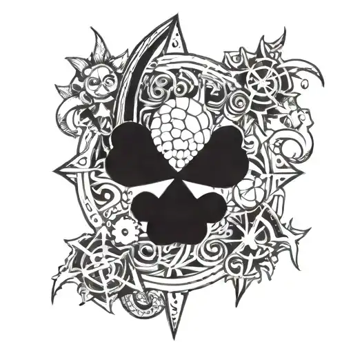 Combine elements of a 5 leaf clover grimoire with symbols of the scout regiment, dragon ball z and naturo tattoo design idea