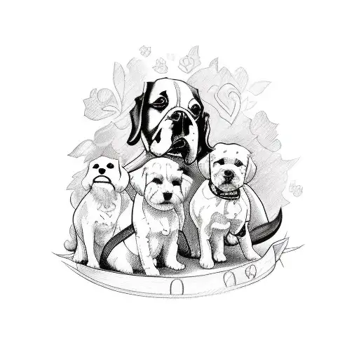 A sketch-style tattoo of a nanny with a group of adorable dogs and cats, showcasing your love for animals and your occupation as a nanny. tattoo design idea