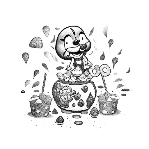 A dotwork tattoo of a playful cartoon character surrounded by chocolates and sweets, symbolizing your love for cartoons and sweets. tattoo design idea
