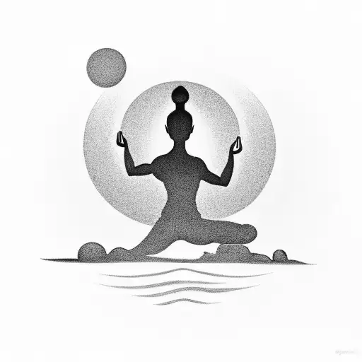 A black-grey tattoo of a peaceful beach sunset with a silhouette of a person practicing yoga, representing your passion for spirituality and yoga. tattoo design idea