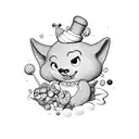 A dotwork tattoo of a playful cartoon character surrounded by chocolates and sweets, symbolizing your love for cartoons and sweets. tattoo design idea