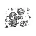 A dotwork tattoo of a playful cartoon character surrounded by chocolates and sweets, symbolizing your love for cartoons and sweets. tattoo design idea