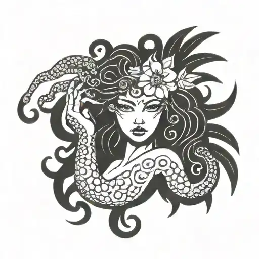 black Medusa with flower hair tangled together tattoo design idea