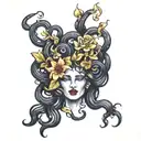 black Medusa with flowers growing tattoo design idea
