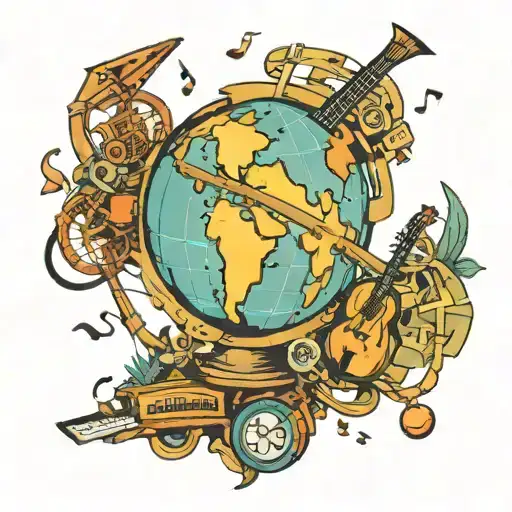 A new-school design of a globe with musical instruments scattered across it, representing the client's love for travel and music tattoo design idea