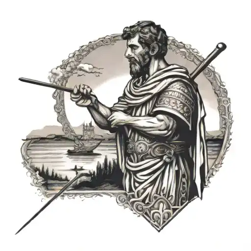 A dotwork tattoo of a Roman Catholic saint holding a fishing rod, with a Wisconsin landscape in the background tattoo design idea
