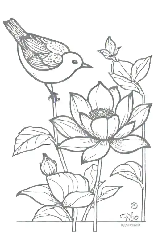 lotus flower and robin bird tattoo design idea